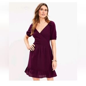 LOFT Deep Plum V-Neck Puff Sleeve Midi Dress